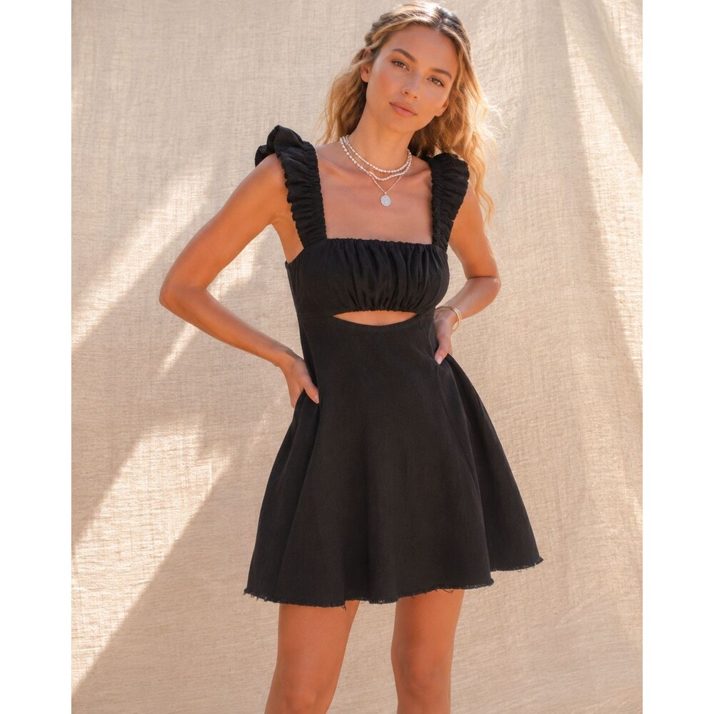 Free People Bom Bom Island Black Boho Mini Babydoll Dress Pockets Raw Hem Medium